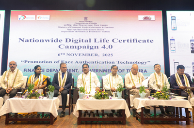 Finance Minister Pranajit Singha Roy shared dais with other dignitaries during Nationwide Digital Life certificate campaign 4.0 programme held at Agartala on November 6.